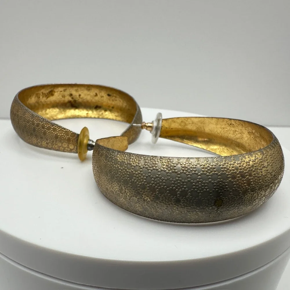 Vintage 80s Gold‎ Tone Textured Hoop Earrings Statement Boho Women's Jewelry Y2K